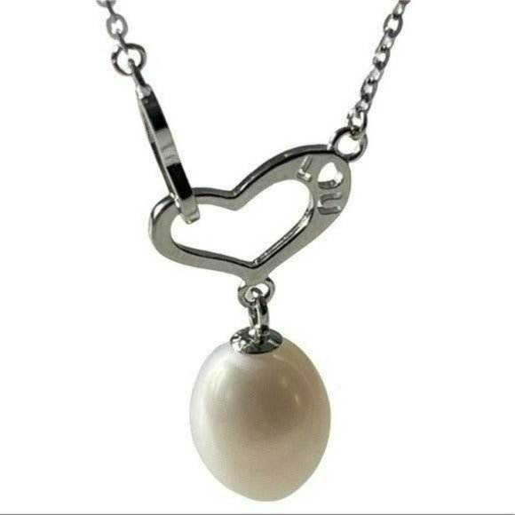 Stamped I‎ LOVE U 925S Silver Drop Freshwater Pearl Pendant Heart Necklace - Picture 5 of 16
